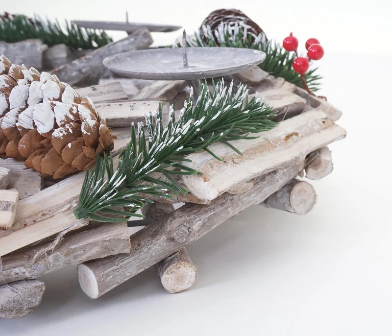 Couronne de l'Avent ronde décoration de table Noël en bois Ø 40cm blanc-gris avec bougies rouge 04_0002568