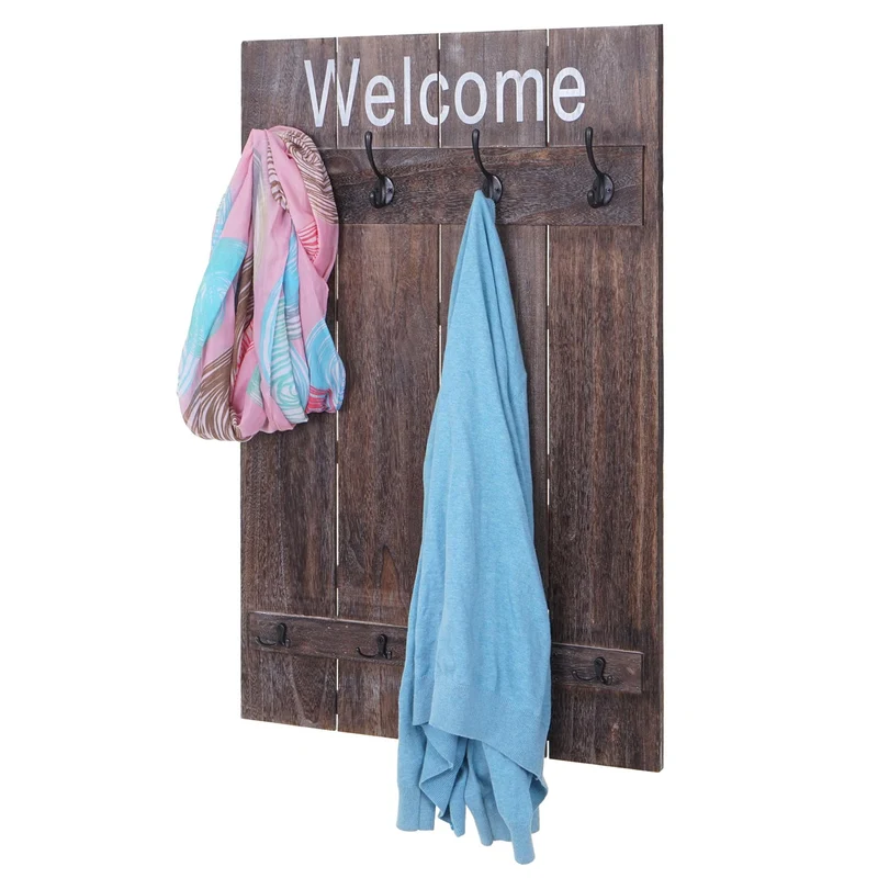 Porte-manteau mural panneau Welcome style vintage avec 8 crochets 91x60cm marron naturel 04_0001001