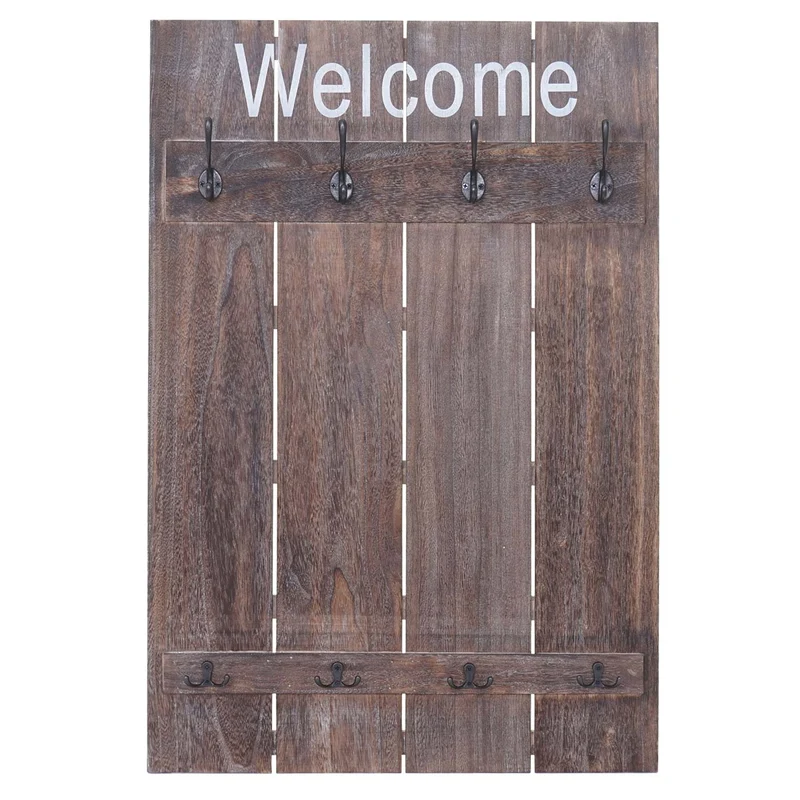 Porte-manteau mural panneau Welcome style vintage avec 8 crochets 91x60cm marron naturel 04_0001001