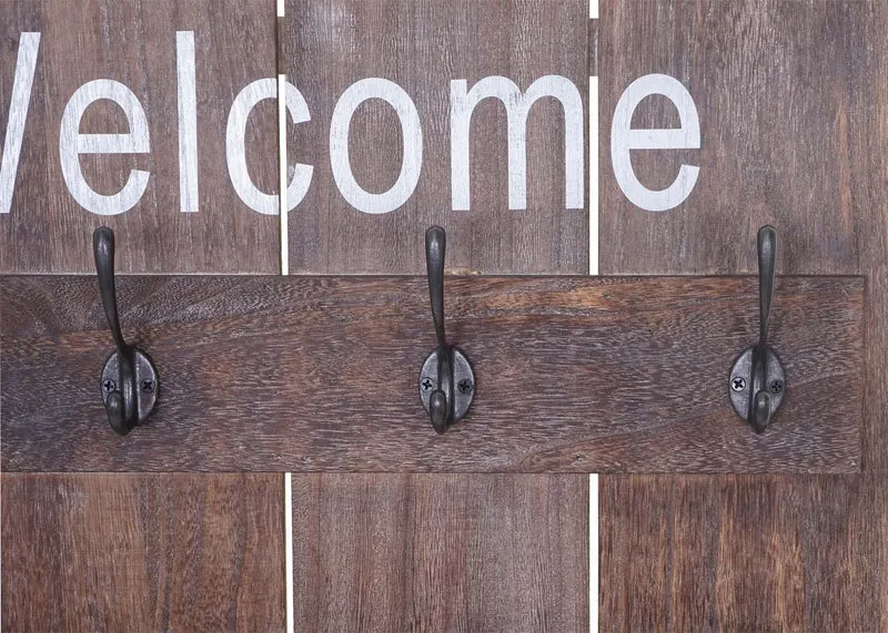 Porte-manteau mural panneau Welcome style vintage avec 8 crochets 91x60cm marron naturel 04_0001001