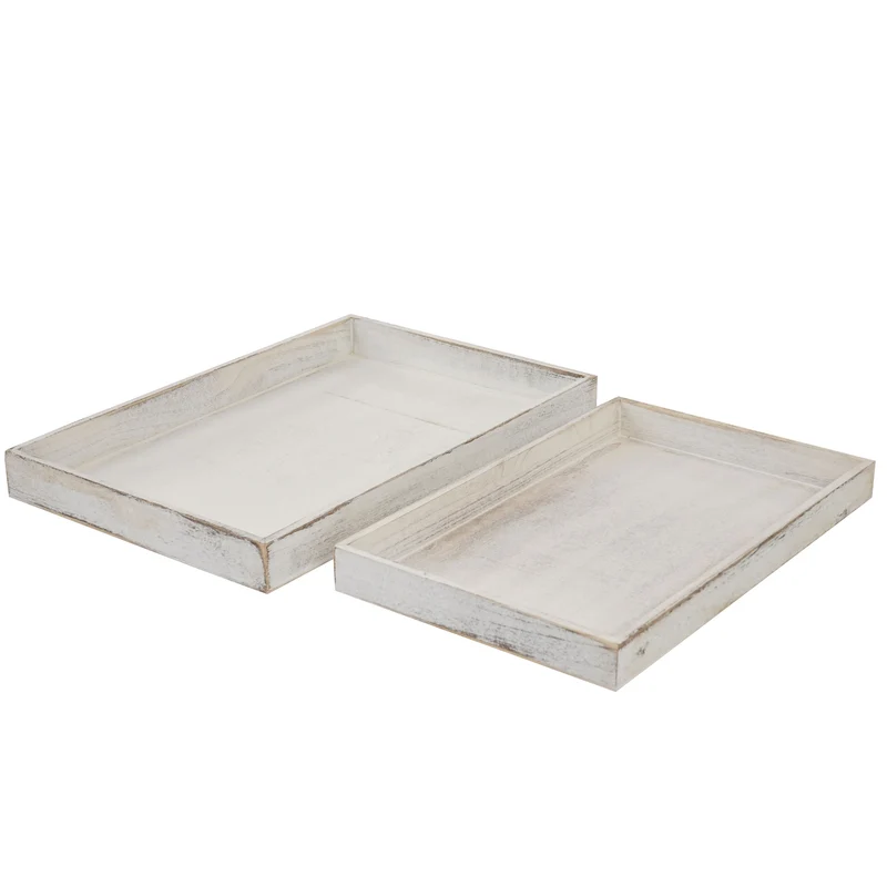 Lot de 2 plateaux petit-déjeuner en bois plateau décoratif design vintage blanc vieilli 04_0002972