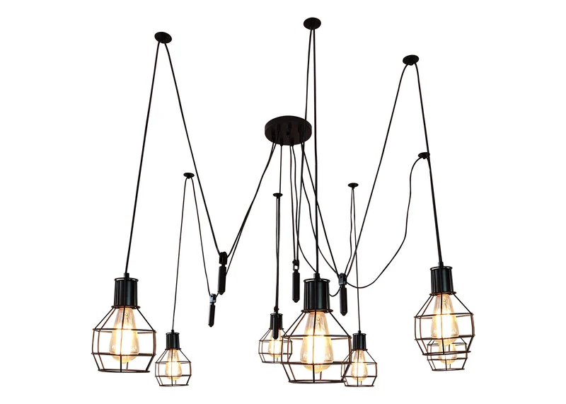 Suspension lampe suspendue lampe suspendue hauteur réglable en métal industriel noir 7x abat-jour en treillis 04_0004053
