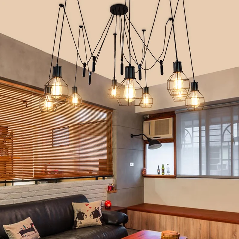 Suspension lampe suspendue lustre hauteur réglable en métal industriel noir 9x abat-jour en treillis 04_0004057
