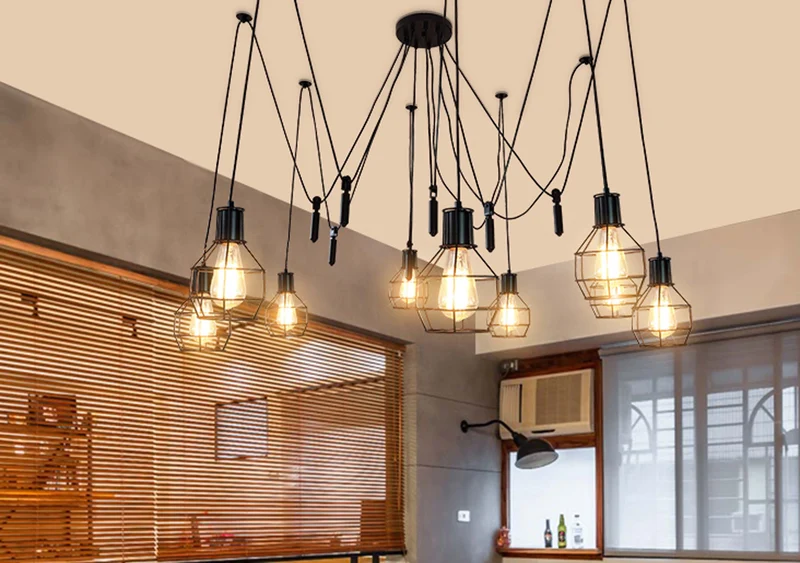 Suspension lampe suspendue lustre hauteur réglable en métal industriel noir 9x abat-jour en treillis 04_0004057