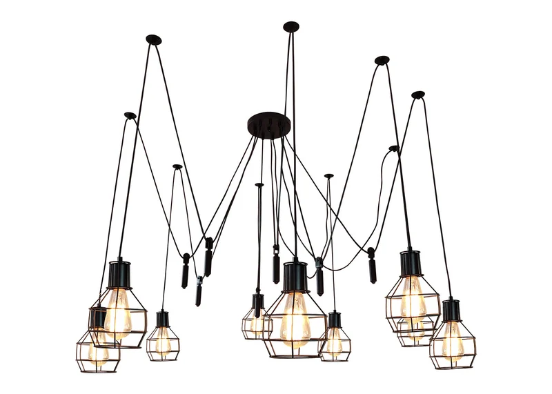 Suspension lampe suspendue lustre hauteur réglable en métal industriel noir 9x abat-jour en treillis 04_0004057