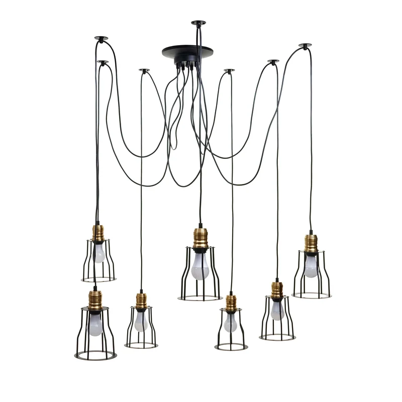 Suspension lampe suspendue lustre hauteur réglable en métal style industriel noir 7x abat-jour cage 04_0004043