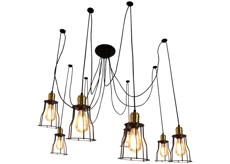 Suspension lampe suspendue lustre hauteur réglable en métal style industriel noir 7x abat-jour cage 04_0004043