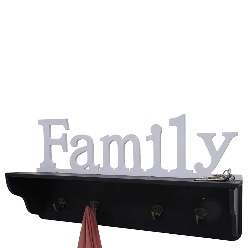 Porte-manteau mural Famille étagère avec 4 crochets 30x60x13cm en bois noir / blanc 04_0001016