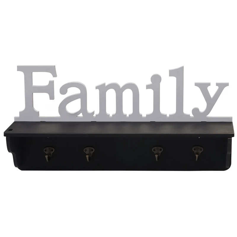 Porte-manteau mural Famille étagère avec 4 crochets 30x60x13cm en bois noir / blanc 04_0001016