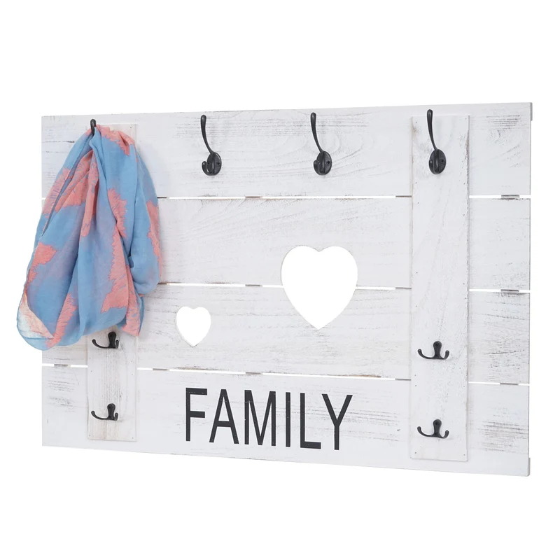 Porte-manteau mural Family panneau style vintage avec 8 crochets 60x90cm blanc vieilli 04_0001006