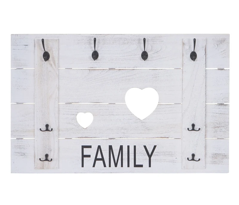 Porte-manteau mural Family panneau style vintage avec 8 crochets 60x90cm blanc vieilli 04_0001006