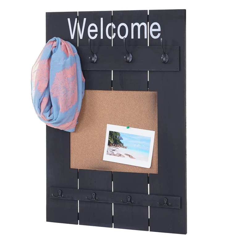 Porte-manteau mural panneau d'affichage style vintage avec 8 crochets 91x60cm en bois gris foncé vieilli 04_0001000