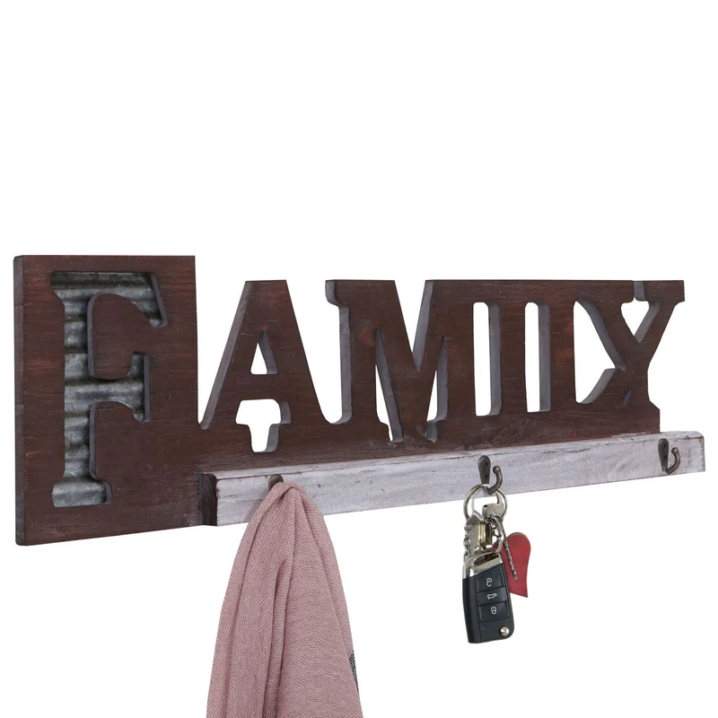 Porte-manteau mural Family avec 3 crochets design rustique bois métal 04_0000977