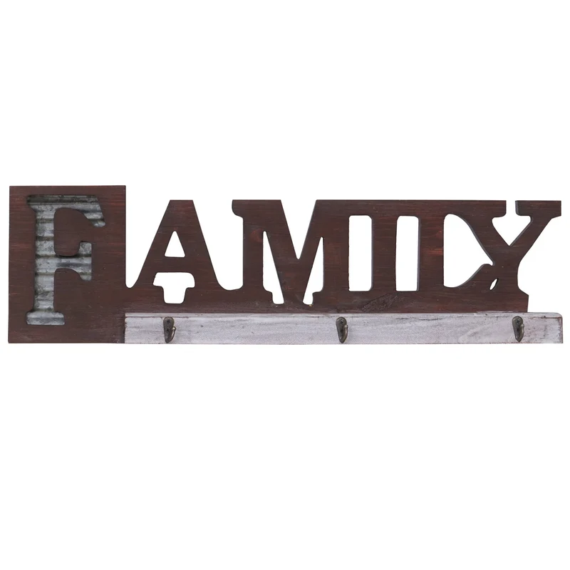 Porte-manteau mural Family avec 3 crochets design rustique bois métal 04_0000977
