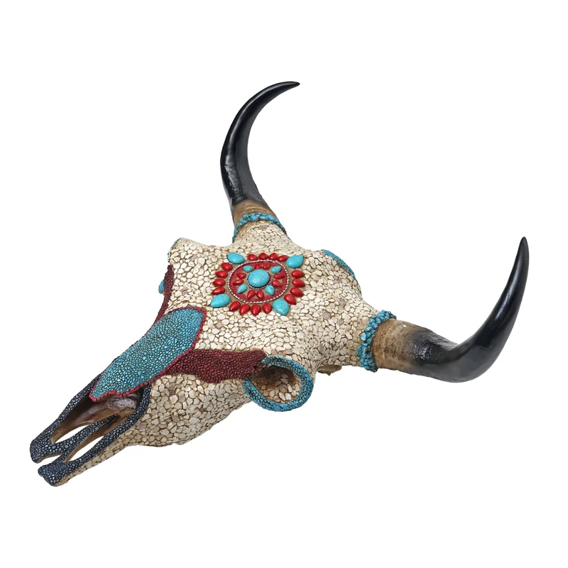 Déco crâne de vache tête de taureau trophée avec mosaïque polyrésine 51x50x25cm 04_0002820
