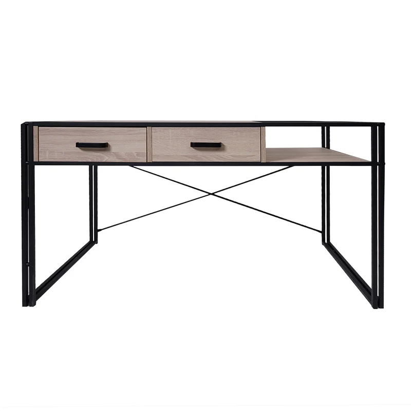 Bureau d'ordinateur avec tiroirs et compartiment de rangement design industriel 76x120x70cm aspect chêne 04_0001450