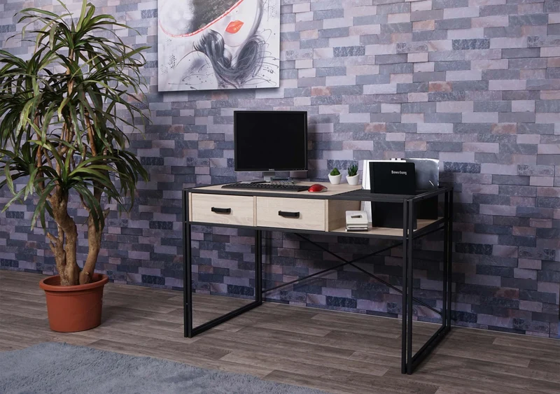 Bureau d'ordinateur avec tiroirs et compartiment de rangement design industriel 76x120x70cm aspect chêne 04_0001450