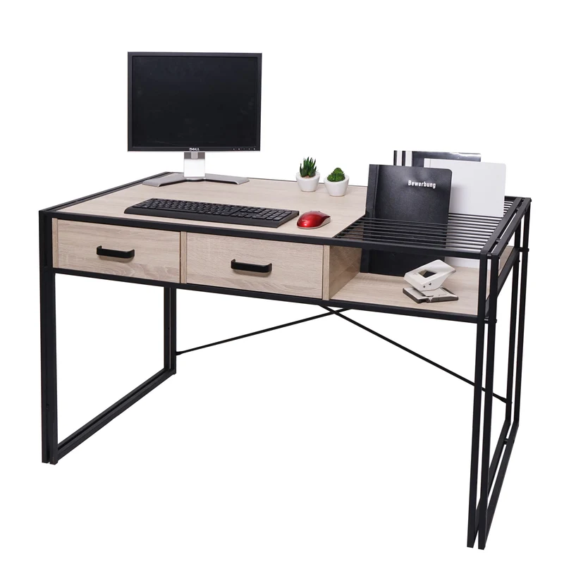 Bureau d'ordinateur avec tiroirs et compartiment de rangement design industriel 76x120x70cm aspect chêne 04_0001450