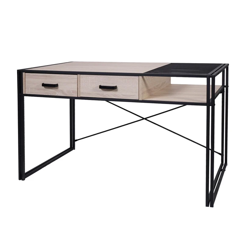 Bureau d'ordinateur avec tiroirs et compartiment de rangement design industriel 76x120x70cm aspect chêne 04_0001450