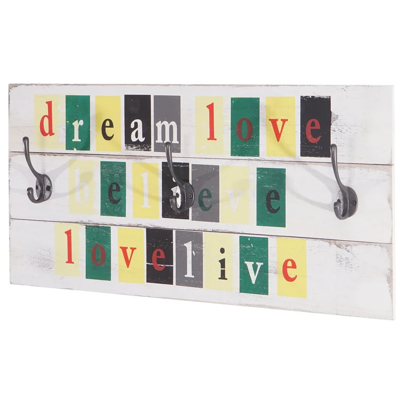 Porte-manteau mural dream-love-believe-Love-Live coloré panneau avec 3 crochets design vintage 30x60cm 04_0001022