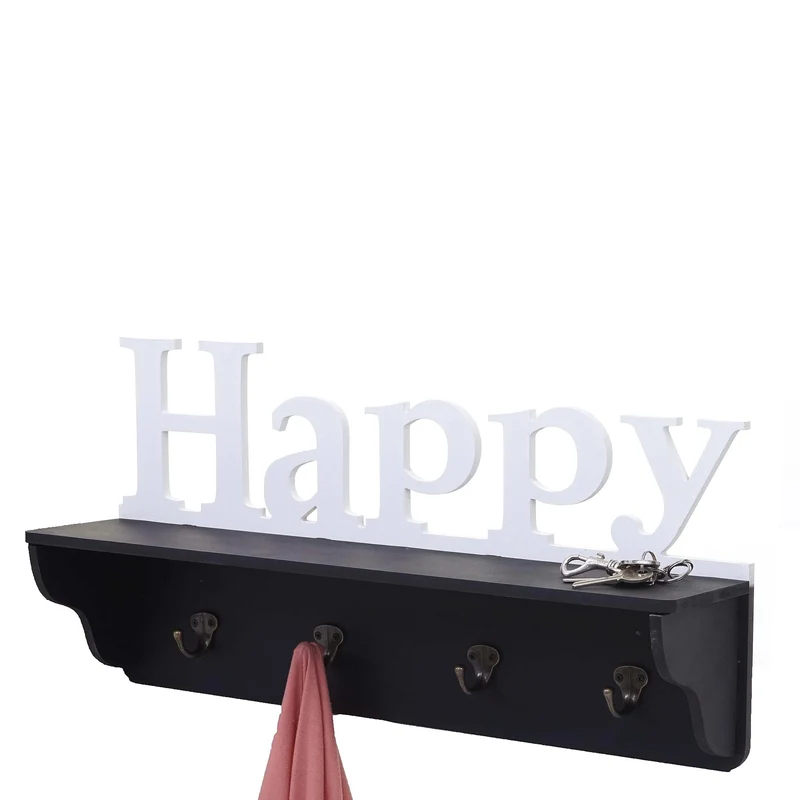 Porte-manteau mural Happy avec 4 crochets 30x60x13cm en bois de pin noir/blanc 04_0001017