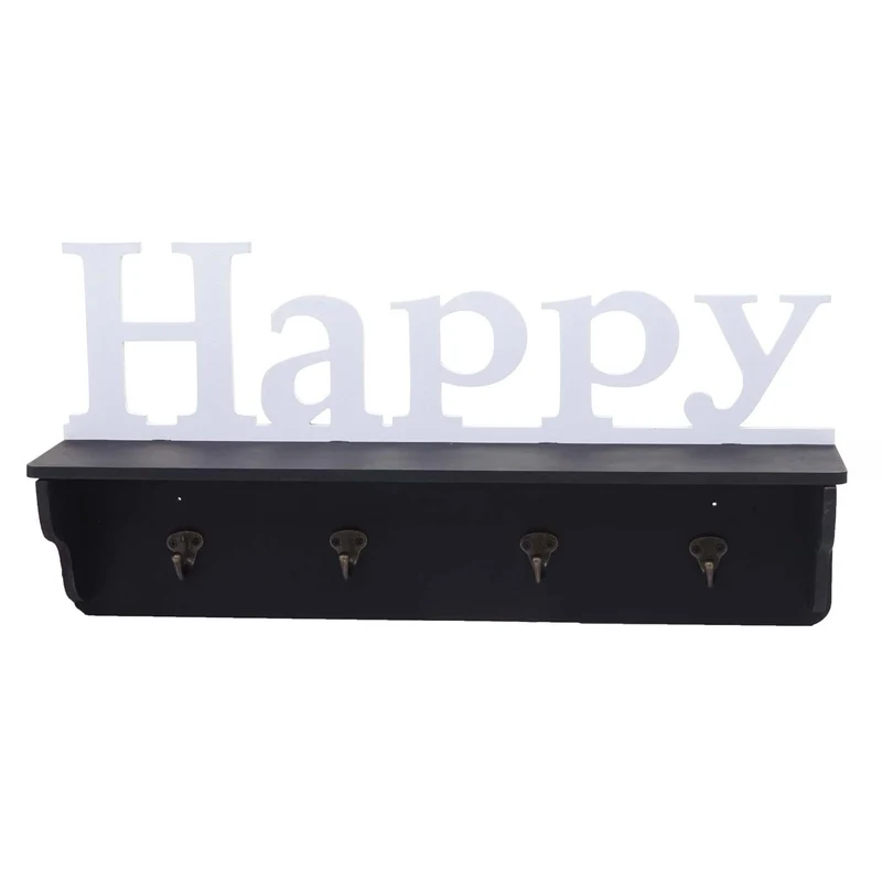 Porte-manteau mural Happy avec 4 crochets 30x60x13cm en bois de pin noir/blanc 04_0001017