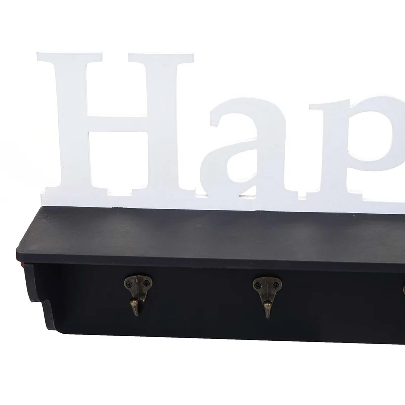 Porte-manteau mural Happy avec 4 crochets 30x60x13cm en bois de pin noir/blanc 04_0001017
