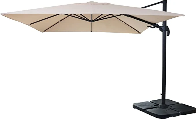 Parasol de restauration 3x3m (Ø4,24m) pivotant, polyester aluminium/acier 23kg crème avec pied 04_0003293