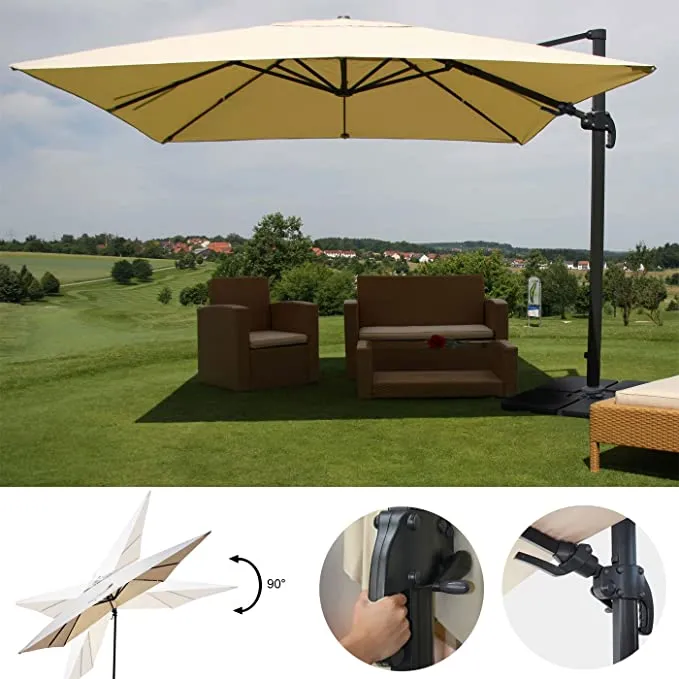 Parasol de restauration 3x3m (Ø4,24m) pivotant, polyester aluminium/acier 23kg crème avec pied 04_0003293