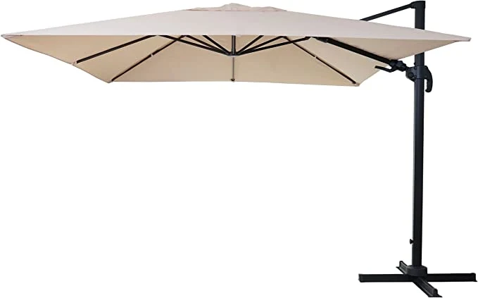 Parasol de restauration 3x3m (Ø4,24m) pivotant, polyester aluminium/acier 23kg crème avec pied 04_0003293