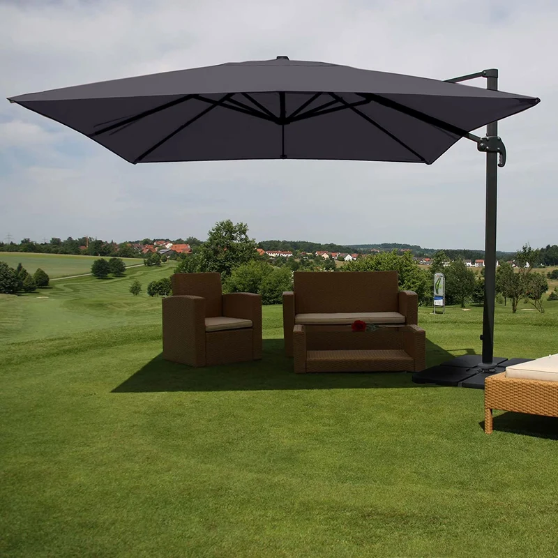 Parasol de restauration 3x3m (Ø4,24m) polyester aluminium/acier 23kg anthracite avec pied rotatif 04_0003442