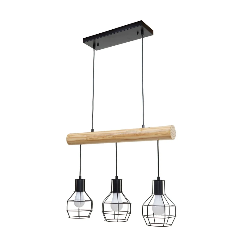 Lampe suspension lustre style industriel vintage bois massif métal noir 3 abat-jour en treillis 04_0003603