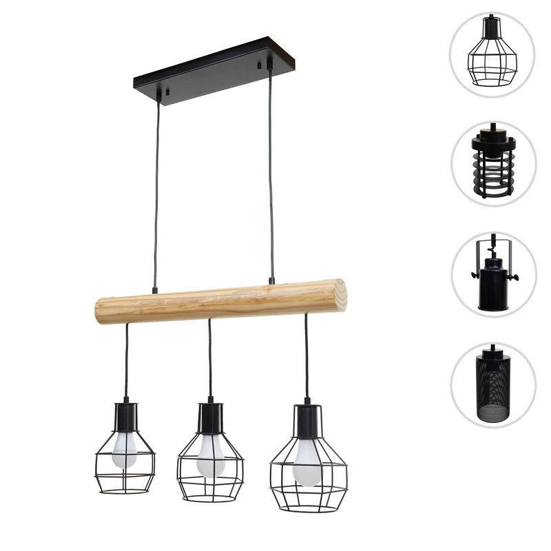 Lampe suspension lustre style industriel vintage bois massif métal noir 3 abat-jour en treillis 04_0003603