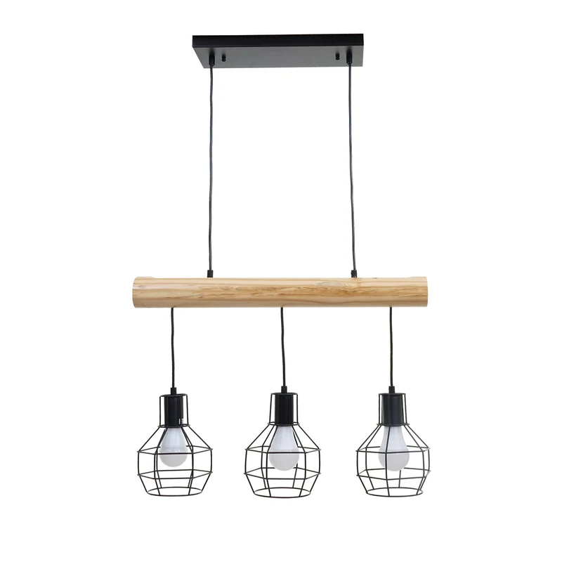 Lampe suspension lustre style industriel vintage bois massif métal noir 3 abat-jour en treillis 04_0003603