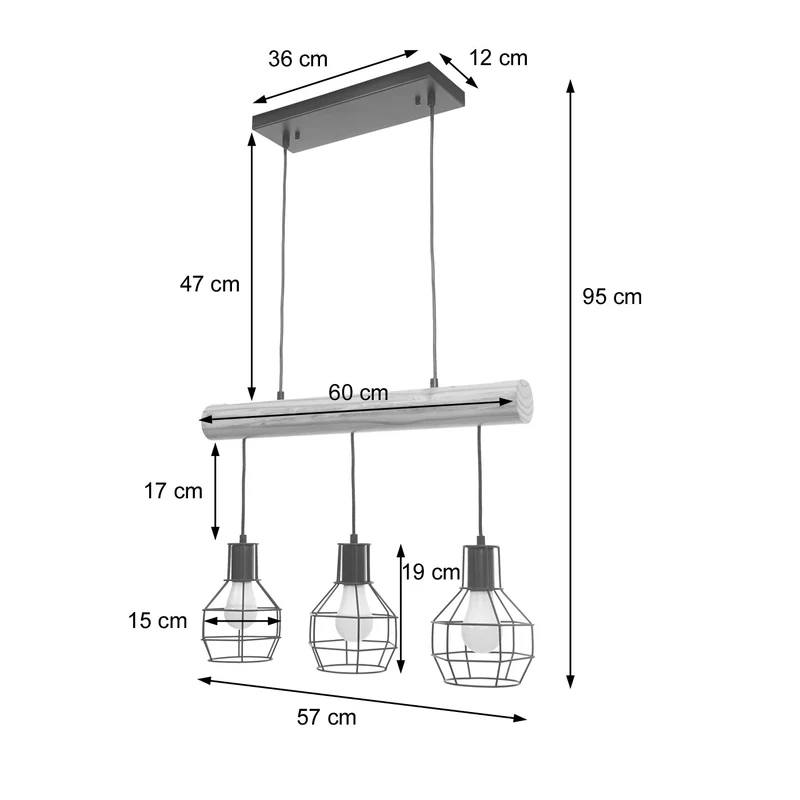 Lampe suspension lustre style industriel vintage bois massif métal noir 3 abat-jour en treillis 04_0003603