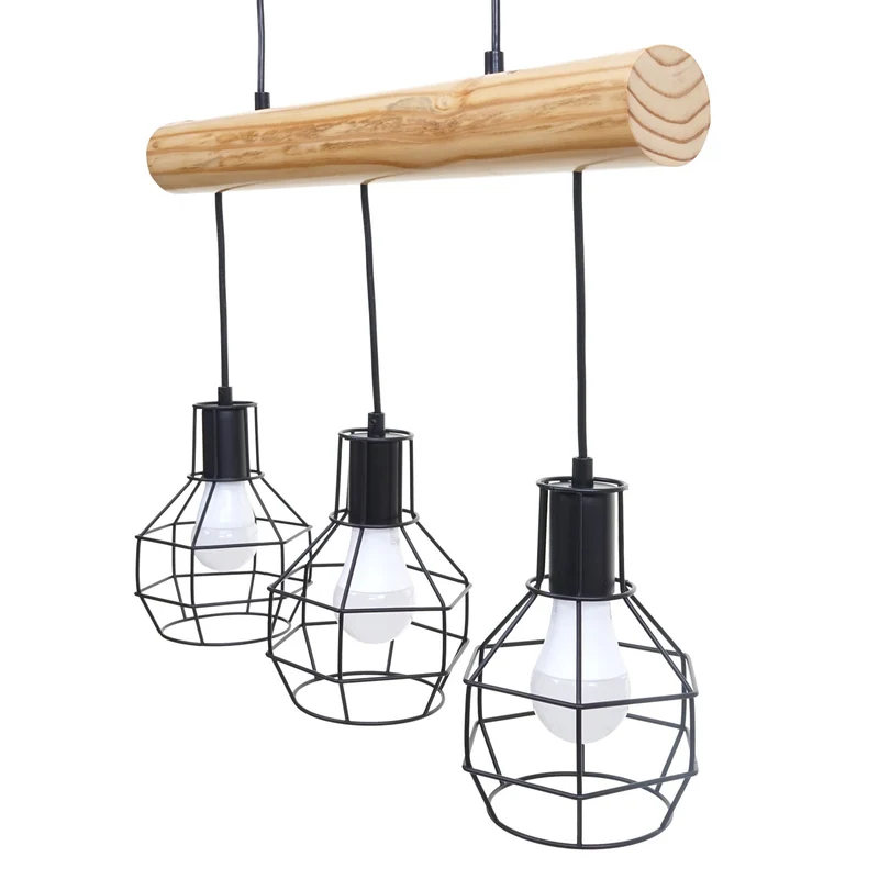 Lampe suspension lustre style industriel vintage bois massif métal noir 3 abat-jour en treillis 04_0003603