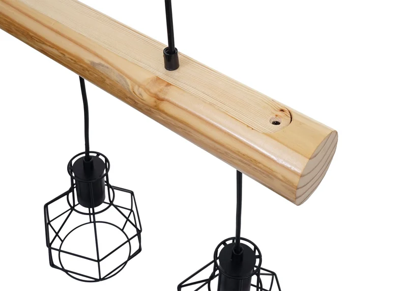 Lampe suspension lustre style industriel vintage bois massif métal noir 3 abat-jour en treillis 04_0003603