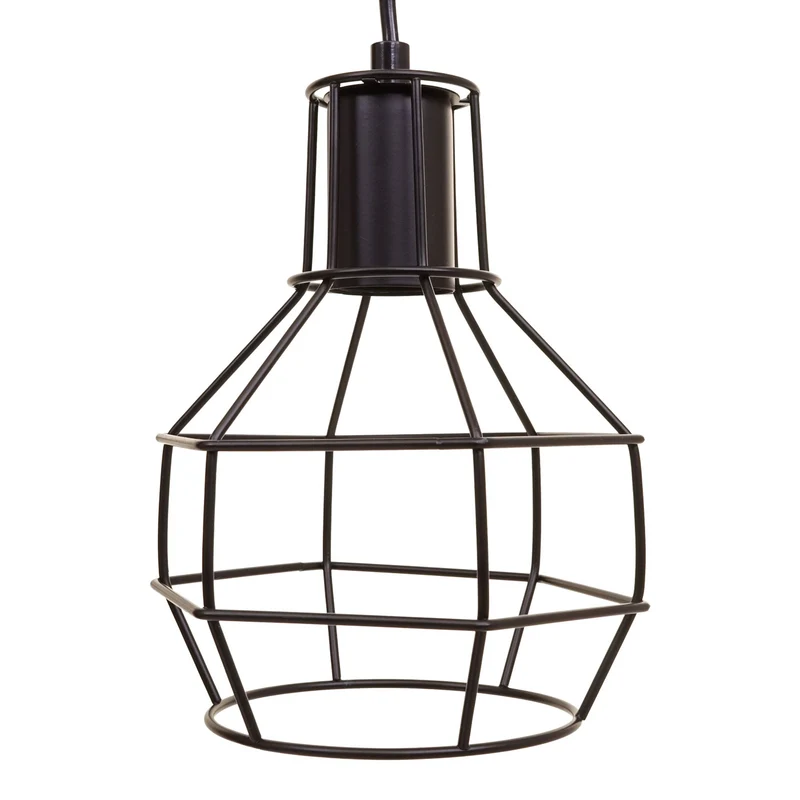 Lampe suspension lustre style industriel vintage bois massif métal noir 3 abat-jour en treillis 04_0003603