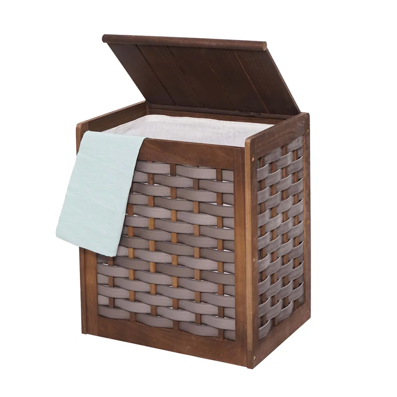 Panier à linge sac à linge amovible en bois massif aspect shabby 61x51x35cm marron 04_0003775