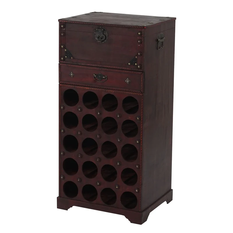 Casier à vin armoire meuble en bois style colonial pour 20 bouteilles avec tiroir 04_0003375