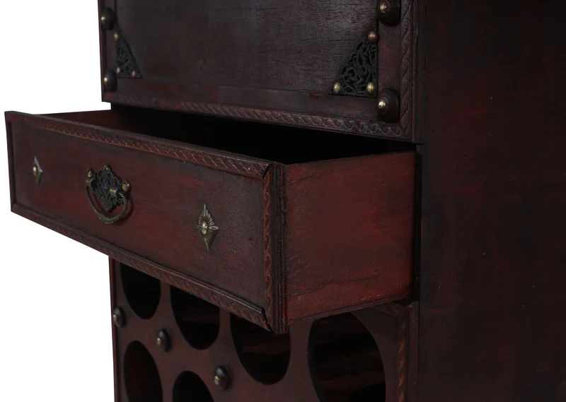 Casier à vin armoire meuble en bois style colonial pour 20 bouteilles avec tiroir 04_0003375