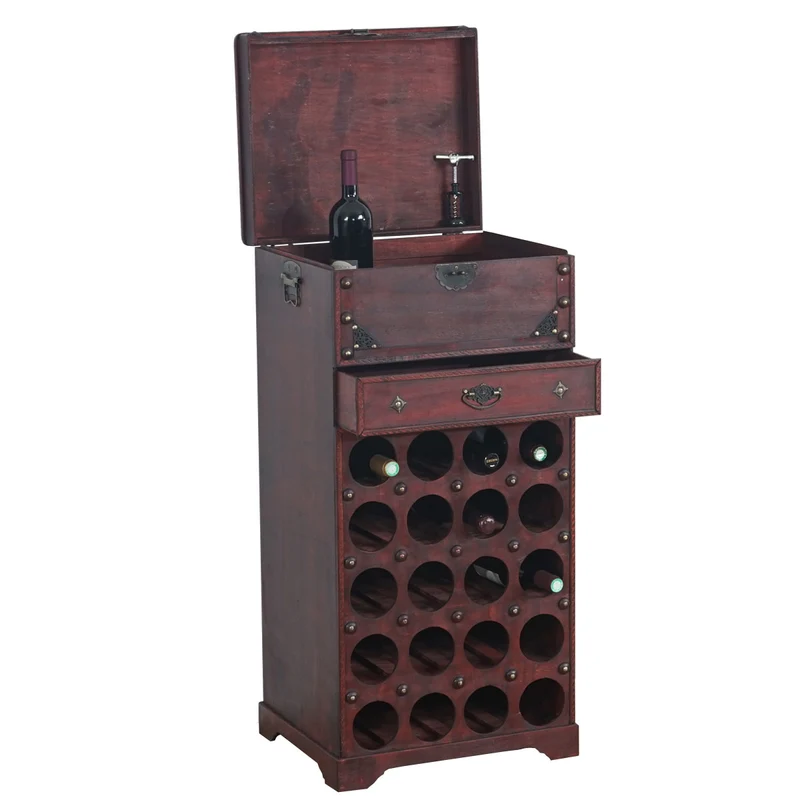 Casier à vin armoire meuble en bois style colonial pour 20 bouteilles avec tiroir 04_0003375
