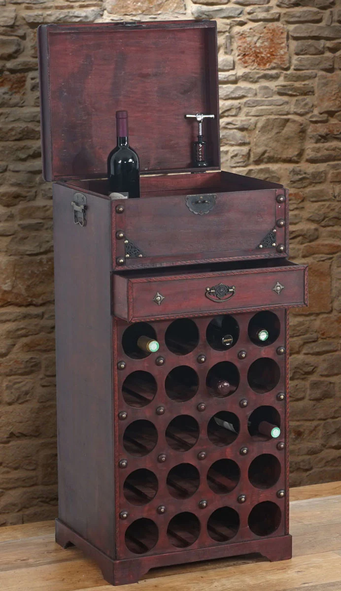 Casier à vin armoire meuble en bois style colonial pour 20 bouteilles avec tiroir 04_0003375
