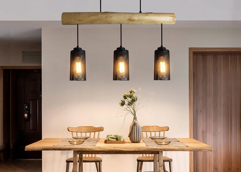 Lampe suspension suspendue design industriel en bois massif noir 3 abat-jours 04_0003602