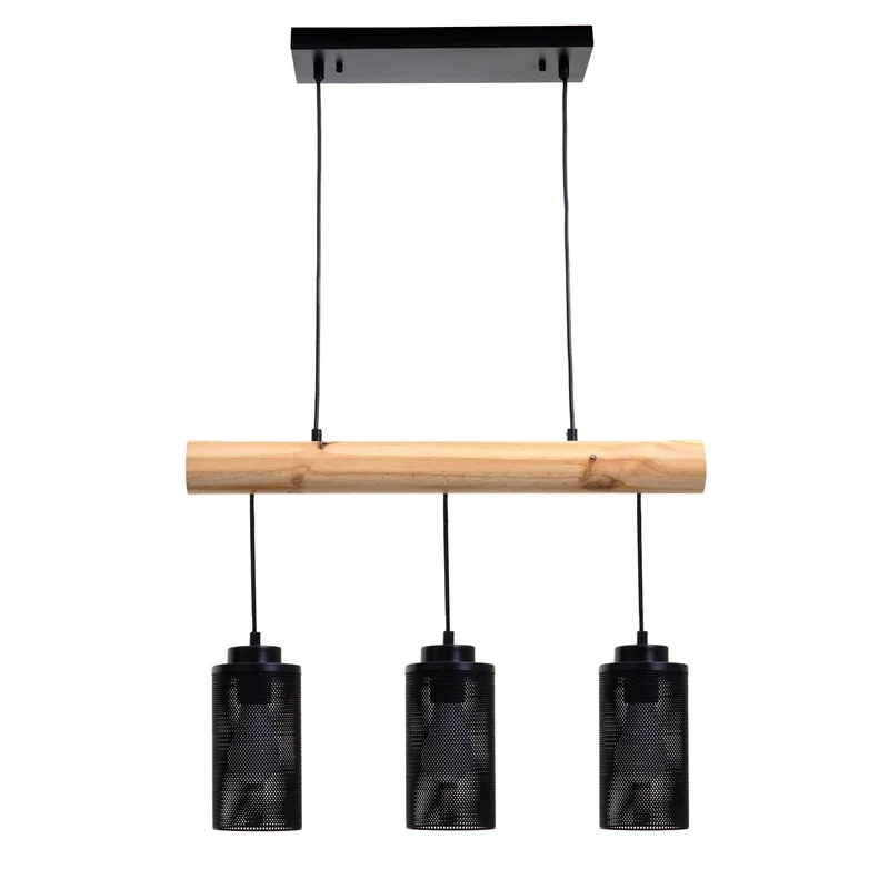 Lampe suspension suspendue design industriel en bois massif noir 3 abat-jours 04_0003602