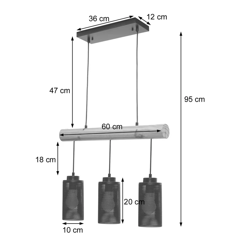 Lampe suspension suspendue design industriel en bois massif noir 3 abat-jours 04_0003602