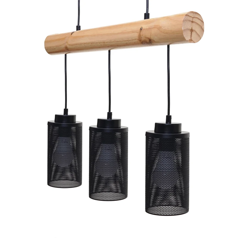 Lampe suspension suspendue design industriel en bois massif noir 3 abat-jours 04_0003602