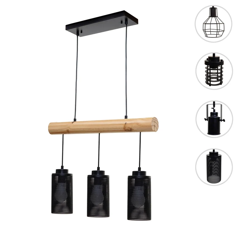 Lampe suspension suspendue design industriel en bois massif noir 3 abat-jours 04_0003602
