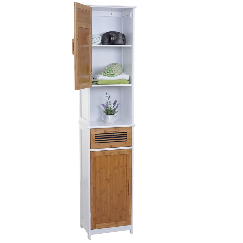 Armoire haute de salle de bain étagère en bambou 180x40x31cm blanc 04_0001506