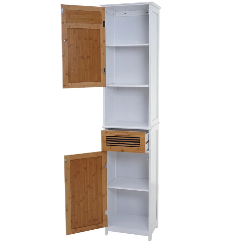 Armoire haute de salle de bain étagère en bambou 180x40x31cm blanc 04_0001506